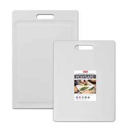 Dexas 2-Pack NSF Certified Polysafe Cutting Boards, 11 x 14.5, 12 x 18 Inches, Reversible Kitchen Cutting Board with Handle and Juice Well, White