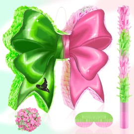 Watersay Green and Pink Bow Piñata, Watercolor Witch Party Decorations Bow Piñata Set with Bat Stick, Blindfold Mask and Confetti for Girls Green and Pink Birthday Party Supplies Princess Decor