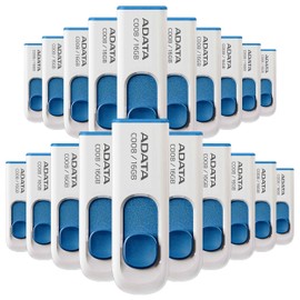 PSA Memoria USB ADATA 16 GB, Kit de 20 Piezas, Color Blanco/Azul (Modelo AC008-16G-RWE), Deslizable Diseño Elegante y Minimalista, COMPUTO Y PAPELERIA