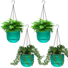 Meanplan 4 Pcs Self Watering Hanging Planter Indoor 6.5 Inch Hanging Baskets for Plants Outdoor Plastic Flower Pot with 3 Hooks Chains Drainage Holes for Garden Home, Medium Size(Emerald)