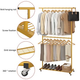 Sywhitta Double Rod Clothing Garment Rack, Rolling Coat Hanger with Bottom Mesh, Clothing Rack for Hanging Clothes, Coats, Skirts, Sweaters, Gold