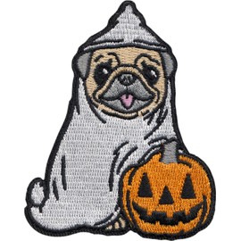 Dog - Pug Ghost with Pumpkin - Embroidered Iron on Patch