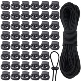 Patelai 50 Pieces Cord Locks Spring Toggles Stoppers Plastic Single Hole End Stopper Slider and 1/8 Inch 66 Feet Elastic Bungee Cord for Drawstring Shoelaces Clothing Bags(Black, Simple Style)