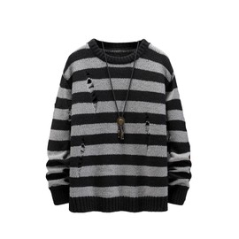Verdusa Men's Distressed Contrast Binding Round Neck Sweater Striped Long Sleeve Knit Top Grey L