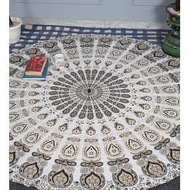 Furnishful Finesse Mandala White Gold Tapestry Boho Wall Hanging Tapestries Wall Cloth Tapestry for Living Room Bedroom and Home Decor- 72 Inches (Round)