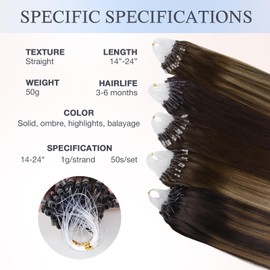DOORES Micro Human Hair Extensions Loops Real, Balayage Dark Brown to Chestnut Brown 14 Inch 50g/50s, Shorts with Bead