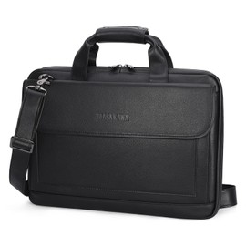 Masa Kawa Leather Briefcase for Men Slim 15.6" Laptop Bag Waterproof Crossbody Shoulder Messenger Computer Attache Case for Business Work, Black