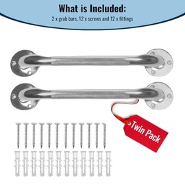 Eazy 2 Pack Grab Bars 12" with Fluted Rail and Fittings, Anti-Slip Handrails for Elderly, Bathroom Safety Grab Handles for Shower, Bath, Indoor and Outdoor Use