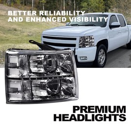 CNNELL LED Headlights Assembly Compatible with 2007 2008 2009 2010 2011 2012 2013 2014 Chevy Silverado LED DRL Strip Headlight(Clear lens Chrome Housing Clear Reflector)