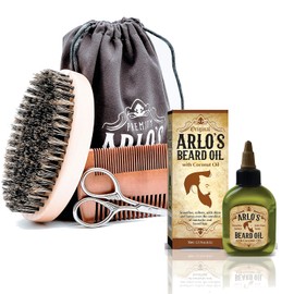Arlo's Kit de cuidado de barba premium para hombre de 5 piezas con aceite de coco para barba Aceite de barba de 2.5 oz, cepillo para barba, peine para barba, tijeras para barba y bolsa de transporte