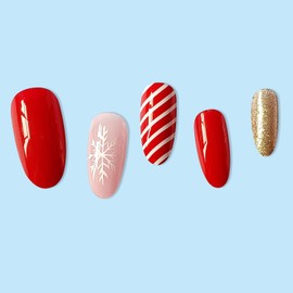 Christmas Fake Nails Medium Almond Winter Press on Nails Red Full Cover White Snow False Nails with Designs Candy Cane Glitter Glossy Glue on Nails Acrylic Manicure Artificial Nails for Women Girls
