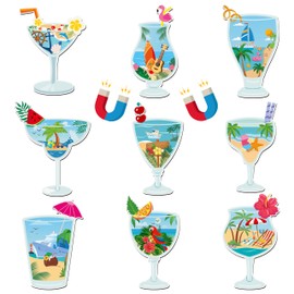 JAPBOR Cruise Door Decorations Magnetic - 9PCS Summer Beach Cocktail Cruise Magnet, Cocktails Drink Car Ship Refrigerator Magnets Decal, Funny Hawaii Fridge Magnetic Stickers for Carnival Party Decor