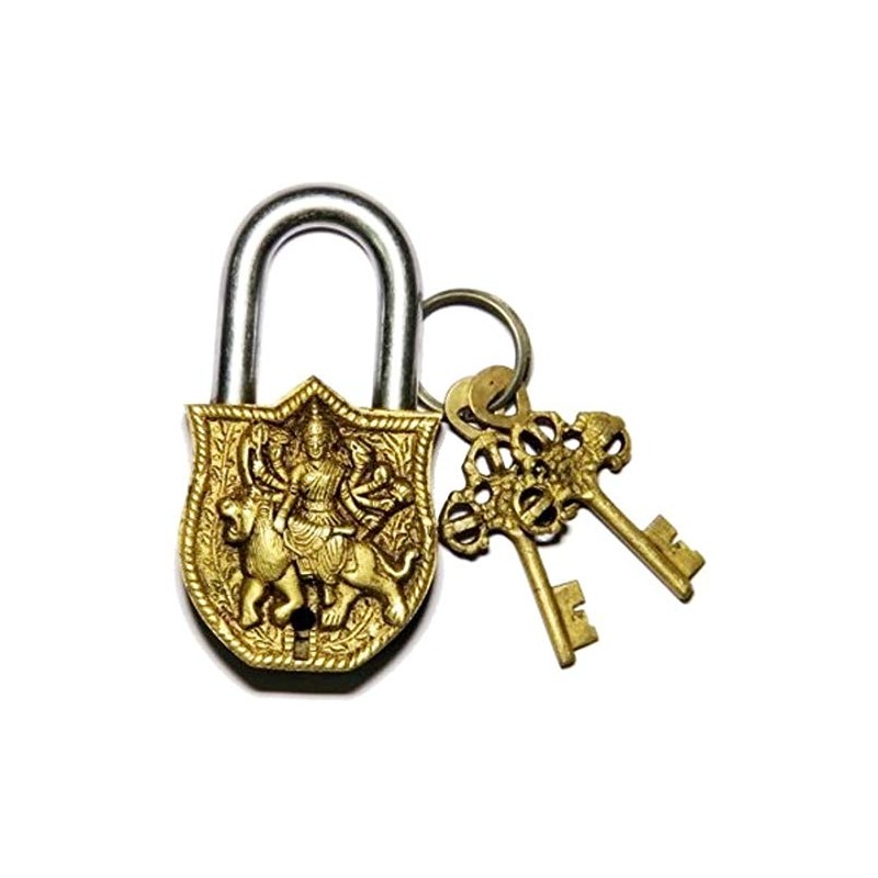 Purpledip Handmade Brass Antique Padlock with Maa Durga Idol (10006)