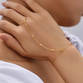 Gold Ring Bracelet Hand Chain Dainty 14k Gold Bracelets Stack Trendy Adjustable Ring Bracelet Hand Chain Boho Jewelry Set for Women Girls Gifts (Style 2)