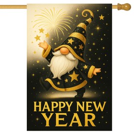 HOMETITUTE Happy New Year House Flag 28x40 Inch Double Sided Garden Flag Gold and Black Gnome Fireworks Star Celebration Design Winter Holiday Yard Banner Large Outdoor Flag for Porch Lawn Decoration