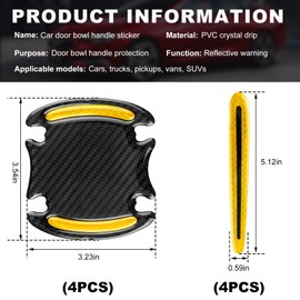 Gasedin 8 PCS Car Door Bowl Stickers, Anti-Scratch Carbon Fiber Reflective Stickers for Car Door Handles, Universal Self-Adhesive Paint Guard Protective Films, Car Accessories (Yellow)