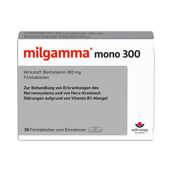 Milgamma® mono 300 Benfotiamine Film-Coated Tablets for Neuropathy and Cardiovascular Disorders Due to Vitamin B1 Deficiency (Pack of 30)