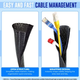 MarketConnect® Braided cable conduit with Velcro fastener, diameter 13 mm, length 4 m, ideal for cable organisation and protection, perfect for desk and TV, black
