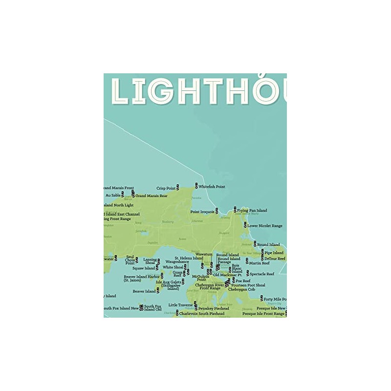 Best Maps Ever Michigan Lighthouses Checklist 18x24 Poster (Green &