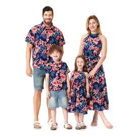PATPAT Matching Family Hawaiian Outfits - Mommy and Me Hawaiian Dress Matching Set Tropical Palm Newborn Halter Neck Romper Navy Blue Baby Girl 9-12 Months