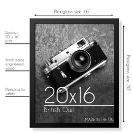 British Made 20" x 16" Black Photo Frame Engineered wood with clear acrylic and mounting hook. Handmade quality Picture Frame, photos or artwork