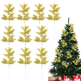 MOTONG 10 PCS Glitter Artificial Christmas Tree Pine Leaves, Artificial Christmas Leaves Picks, Artificial Pine Needles Simulated Tree Branch for Xmas Tree Wreath Seasonal Decoration(Gold)