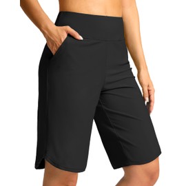 G Gradual Women's High Waisted Swim Board Shorts 11" Knee Length Beach Swimming Long Shorts for Women with Pockets Liner(Black,L)