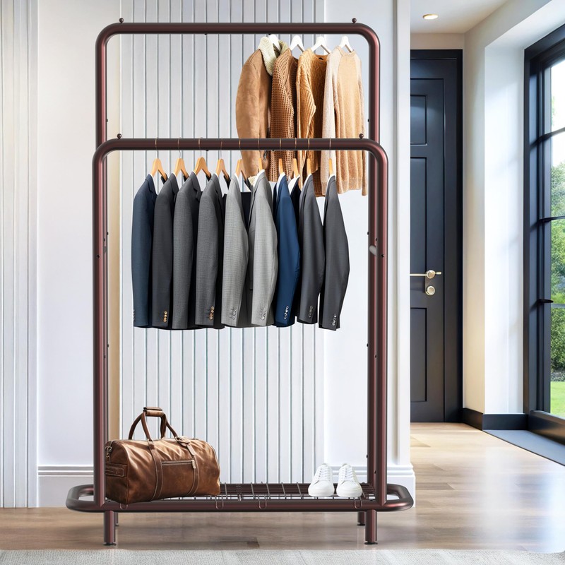 Simple Houseware Double Rod Clothing Garment Rack with Bottom Shelves,