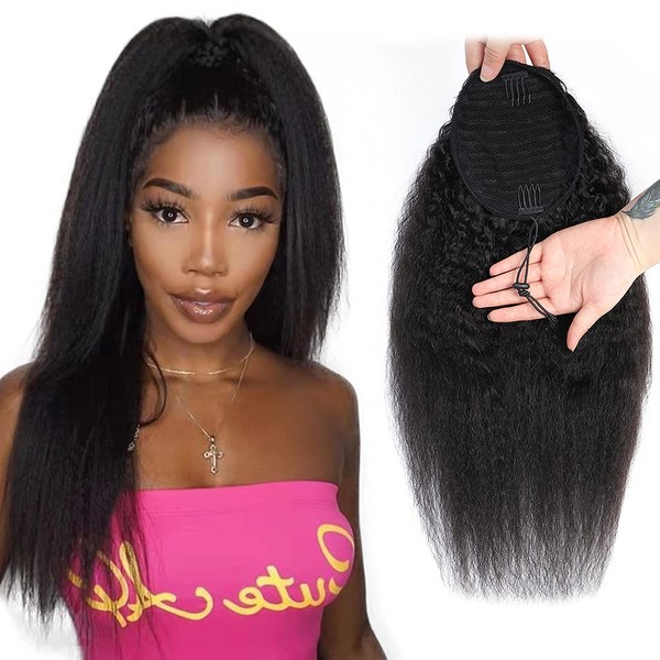 Long Human Hair Kinky Straight Ponytail 1 Piece with Wrap Drawstring 20Inch, Yaki Straight Natrual Black Clip in Pony Tail Afro Hair Pieces for Women 130g/set (26")