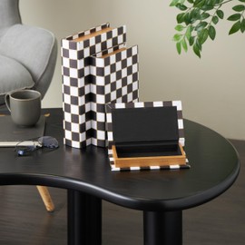 Deco 79 Faux Leather Decorative Box Faux Book Storage Book Shaped Boxes with Black and Gold Square Patterns, Set of 3 Decorative Keepsake Boxes 13", 11", 9" H, White