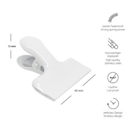 heimzeit Design Sealing Clips for Food Bags, Bags and Documents Made of High-Quality Stainless Steel in White [Pack of 12, 40 x 15 x 15 mm] Coloured Sealing Clips, Strong Spring Force