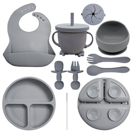 HippoBaby Baby Led Weaning Supplies | 10 Piece Silicone Feeding Set | Baby Toddler Bib Cup Divided Plate and Bowl Self Feeding Spoons Dish Set | Baby Utensils | Toddler Feeding Supplies (Gray)