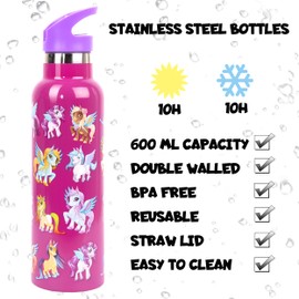 Fringoo - Magic Unicorn Water Bottle with Straw- Tall BPA Free Water Bottles - Insulated Water Bottle - Stainless Steel Water Bottle - Kids Water Bottles - Reusable Water Bottle - 600 ml