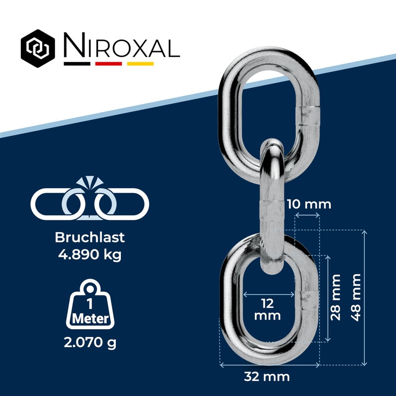 25-cm = 0,25-Meter 10-mm Thick Stainless Steel Chain V4A Short-Linked