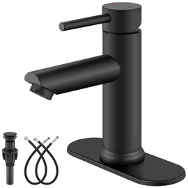 Aolemi Bathroom Faucet Single Hole,Single Handle Bathroom Sink Faucet with Supply Lines,with Pop Up Drain and 6 Inch Deck Plate,Matte Black