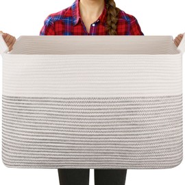 OIASKET Extra Large Laundry Basket, 95L Blanket Basket for Living Room, Cotton Rope Storage Basket, Toy Basket for Kids, Woven Basket for Clothes, Towels, Pillows, 24" x 17" x 14", Black and White