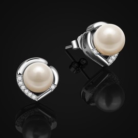 Jewlldeen Pearl Earrings Studs for Women, White Shell Pearl Earrings, 925 Sterling Silver Studs ''LOVE HEART'‘
