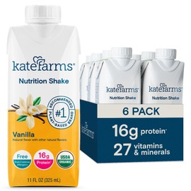 Kate Farms Organic Nutrition Shake, Vanilla, 16g Protein, 27 Vitamins and Minerals, Meal Replacement, 11 oz, 6 Pack