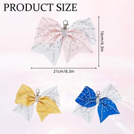NICENEEDED 3PCS Cheer Bow Keychain 8.3 x 6.3 Inch, Cheer Keychain with Rhinestones Cheer Bow Pin Holder for Bag Backpack, Cheerleader Keyrings for Cheerleading Sports Accessory