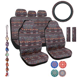 Frienda Baja Saddle Blanket Car Seat Covers Full Set Multicolor Stripe Boho Steering Wheel Cover Seat Belt Pads Crystal Hanging Ornament Automotive Interior Universal Fit Most Cars (Retro Style)
