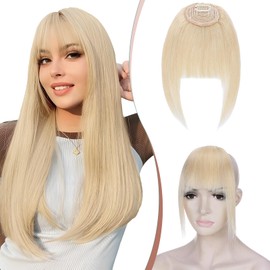 Elailite Clip in Bangs Real Human Hair French Bangs Neat Fringe With Temples Natural HairPiece Extension For Women - #60 Platinum Blonde