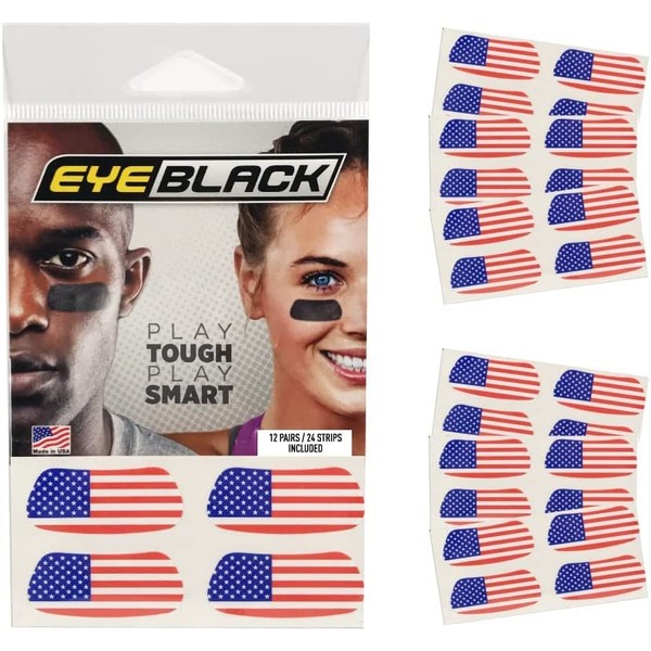 EyeBlack USA World Flag Under Eye Peel and Stick Sticker Strip |National Pride, Global Support | Sporting Events, Fotbal, Cricket, Pickel ball, Rugby, Soccer | American Flag 12 Pairs/24 Strips