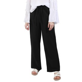 utcoco Women's Cotton Linen Drawstring High Waisted Pants Casual Loose Fit Wide Leg Trousers (M, Black)