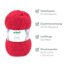 Gründl Lisa Premium Plain Knitting & Crochet Yarn (Soft and Wool-like Character, Easy-Care Knitting Yarn Made of 100% Polyacrylic, 50 g/133 m, Needle Size: 3.5 - 4.5, 10 Balls of 50 g), Signal Red