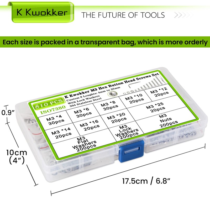 810Pcs M3 Hex Button Head Machine Screws, 4mm to 25mm