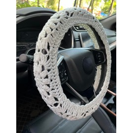 Hosootan Crochet Car Steering Wheel Cover,Sunflower Seatbelt Cover,Women Car Accessories (Creamy-White Wheel Cover+Rainbow)