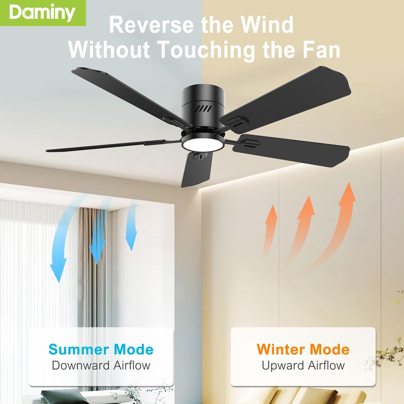 DAMINY 52 inch 5 Blades Black Ceiling Fans with Lights,Flush