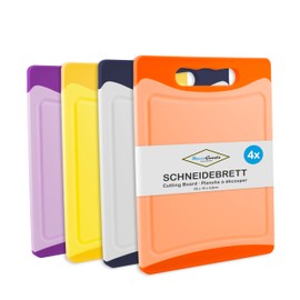 MaxxGoods Chopping Board Set of 4, Colourful, with Juice Groove and Handle, Antibacterial Chopping Board, Plastic Board, Can be Used on Both Sides and Dishwasher Safe (28.5 x 19.5 x 0.8 cm)