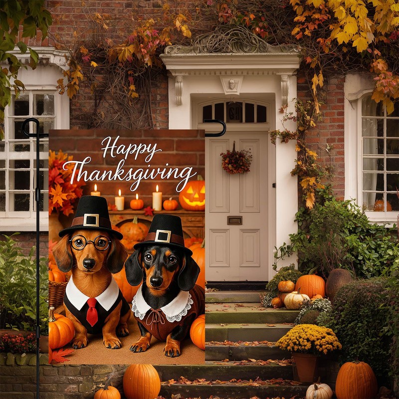 IVN Happy Thanksgiving Dachshund Garden Flag 12x18 Inch Double Sided
