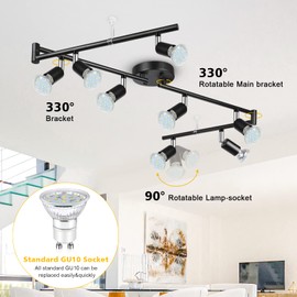 Unicozin LED 8 Light Track Lighting Kit, 54.13'' Black 8 Way Ceiling Spot Lighting, Flexibly Rotatable Head, Track Light Included 8 x LED GU10 Bulb (4W, Daylight White 5000K, 400LM)